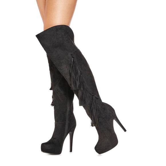 JustFab Shoes - Black heeled over the knee boot with fringe